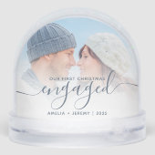 First Christmas Engaged Photo Dusty Blue Script Sneeuwbol (Achterkant)