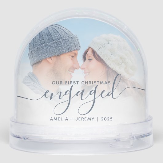 First Christmas Engaged Photo Dusty Blue Script Sneeuwbol (Achterkant)