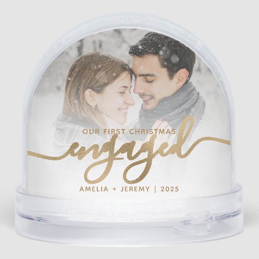 First Christmas Engaged Photo Gold Script Sneeuwbol (Achterkant)