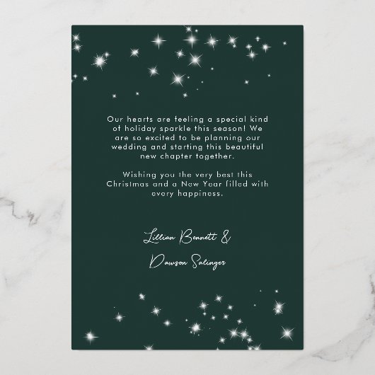 First Christmas Engaged Photo Green Folie Feestdagenkaart (Achterkant)