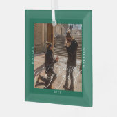 First Christmas Engaged Photo Green Glas Ornament (Voorkant links)