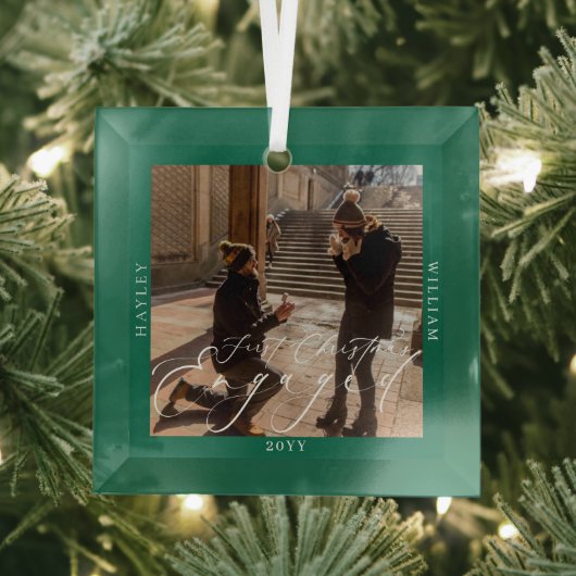 First Christmas Engaged Photo Green Glas Ornament (Insitu)