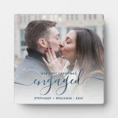 First Christmas Engaged Photo Metallic Blue Script Fotoplaat (Voorkant)