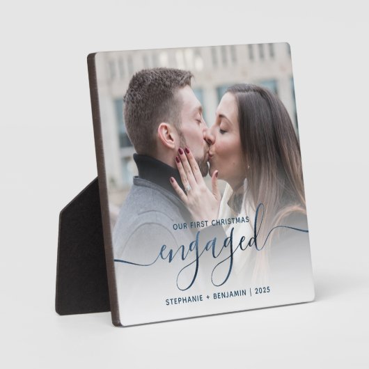 First Christmas Engaged Photo Metallic Blue Script Fotoplaat (Voorkant)