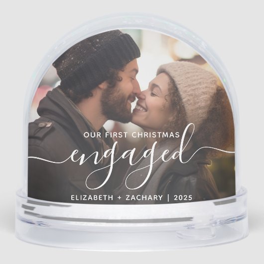 First Christmas Engaged Photo White Script Sneeuwbol (Achterkant)