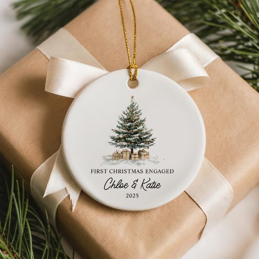 First Christmas Engaged Watercolor Christmas Tree Keramisch Ornament