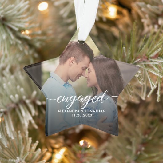 First Christmas Engaged White overlay Custom Photo Ornament (Boom)