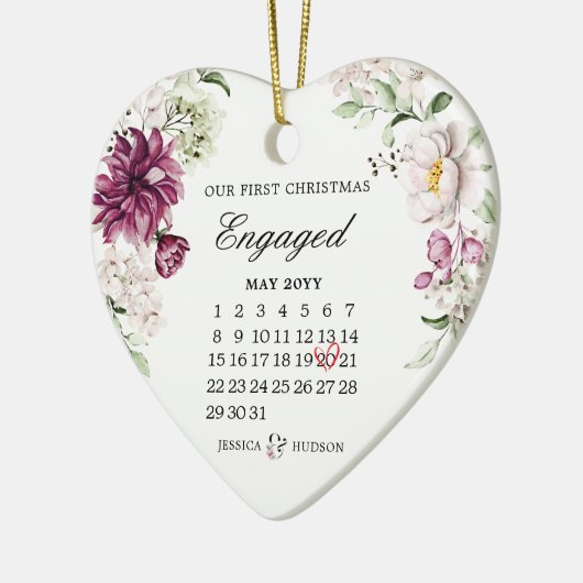 First Christmas Engaged With Calendar Floral Keramisch Ornament (Links)