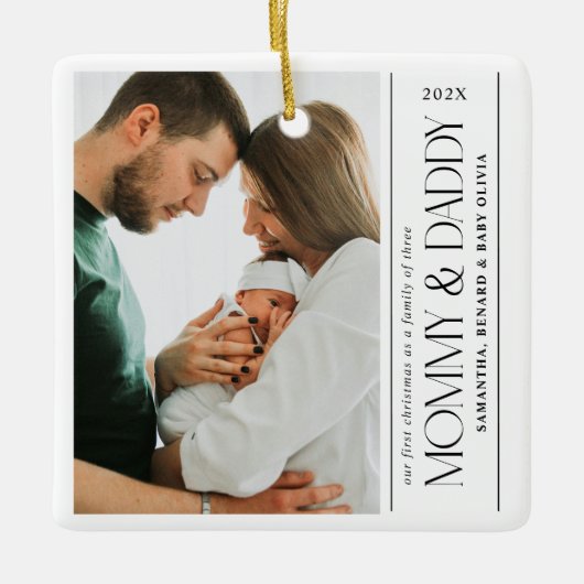 First Christmas Family of Three Mommy  Daddy Photo Keramisch Ornament (Voorkant)