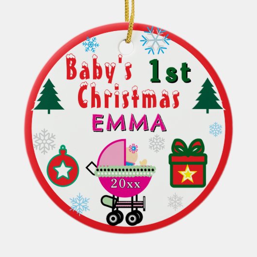 First Christmas Girl Pink Name PHOTO Keramisch Ornament (Voorkant)