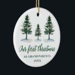 First Christmas Grandouders Pines PHOTO BACK Keramisch Ornament<br><div class="desc">Modern Elegant Calligraphy Script,  Watercolor Pine Trees,  Our First Christmas as Grandouders Ornament - Foto van Back</div>