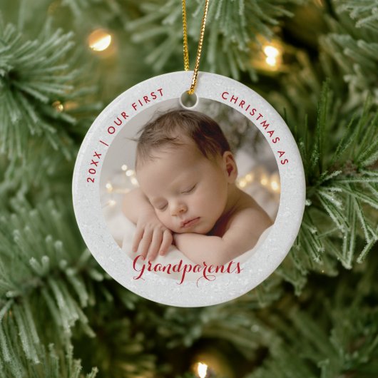 First Christmas Grandparents Red Script Photo Keramisch Ornament (Boom)