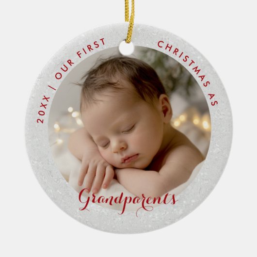 First Christmas Grandparents Red Script Photo Keramisch Ornament (Voorkant)