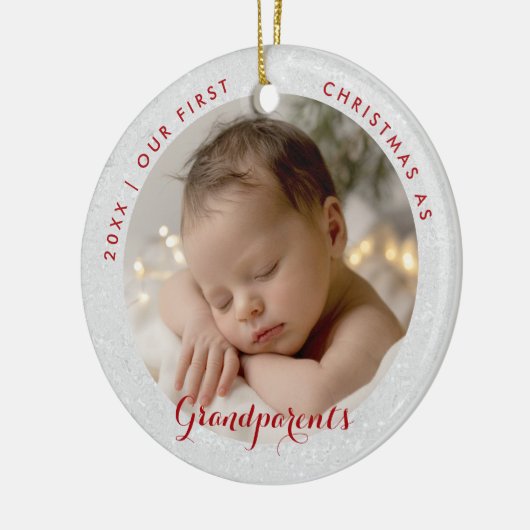 First Christmas Grandparents Red Script Photo Keramisch Ornament (Links)
