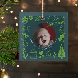 First Christmas Green Cute Hand Drawn Doodles Glas Ornament
