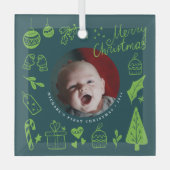 First Christmas Green Cute Hand Drawn Doodles Glas Ornament (Voorkant)