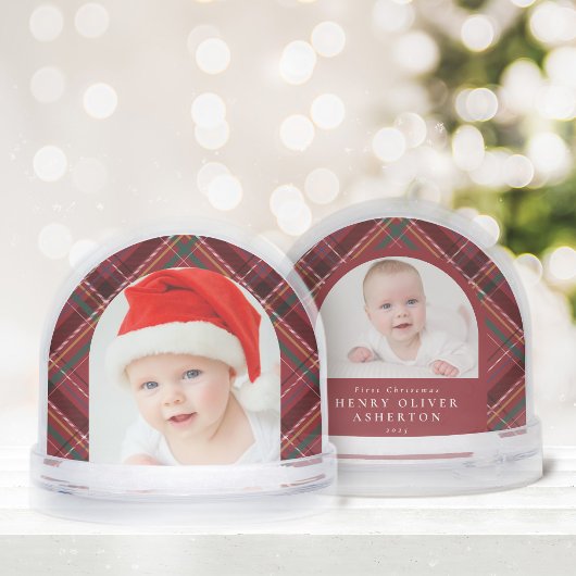 First Christmas holiday plaid two photo snow globe Sneeuwbol
