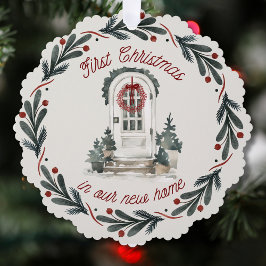 First Christmas in New Home Watercolor Wreath Ornament Kaart