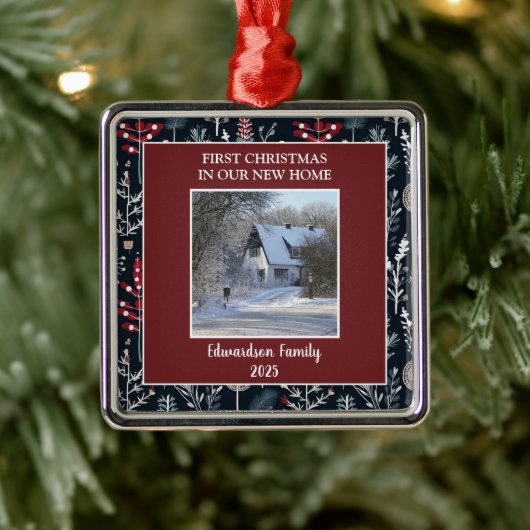 First Christmas in our new Home photo family name Metalen Ornament (Boom)