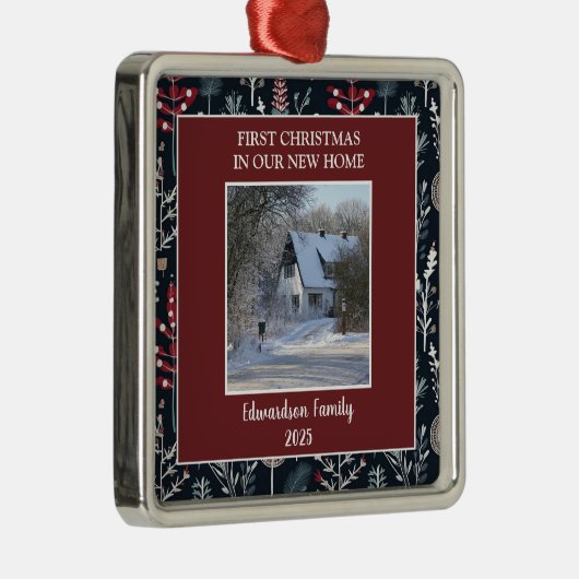 First Christmas in our new Home photo family name Metalen Ornament (Rechts)