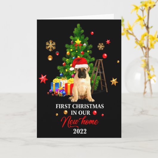 First Christmas In Our New Home Xmas Gift For Pug Kaart (Gele Bloem)