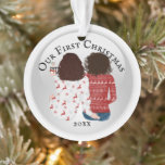 First Christmas lesbian bruine Kaucasian PHOTO Ornament<br><div class="desc">Celebrate your first Christmas together with this adorable illustration of two caucasian brunette woman with shoulder length wavy hair sitting with their backs to you wearing ugly Xmas sweaters and drinking hot chocolate. The words, our first Christmas followed by the year, appear on the front and the back has a...</div>