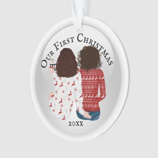 First Christmas lesbian bruine Kaucasian PHOTO Ornament (voorkant)