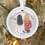 First Christmas lesbian koppel PHOTO romantic Ornament<br><div class="desc">Celebrate your first Christmas together with this adorable illustration of a black hair and strawberry blonde koppel with long and shoulder length hair sitting with their backs to you wearing ugly Xmas sweaters and drinking hot chocolate. The words, our first Christmas followed by the year, appear on the front and...</div>