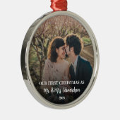 First Christmas married as Mr. and Mrs. photo Metalen Ornament (Rechts)