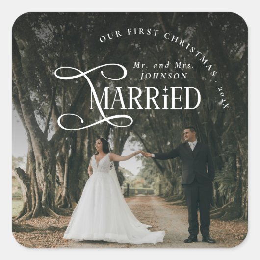 First Christmas Married Mr & Mrs Couples Photo Vierkante Sticker (Voorkant)