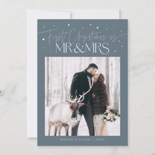 First Christmas Mr Mrs Newlywed Photo Slate Blue Feestdagenkaart (Voorkant)