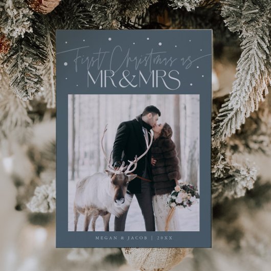 First Christmas Mr Mrs Newlywed Photo Slate Blue Feestdagenkaart