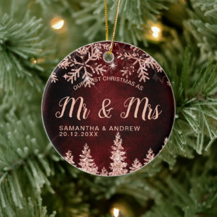 First Christmas Mr & Mrs rose gold glitter snow Keramisch Ornament