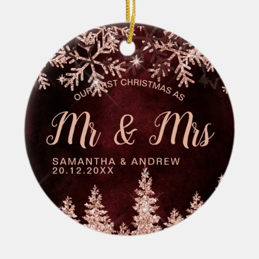 First Christmas Mr & Mrs rose gold glitter snow Keramisch Ornament (Voorkant)