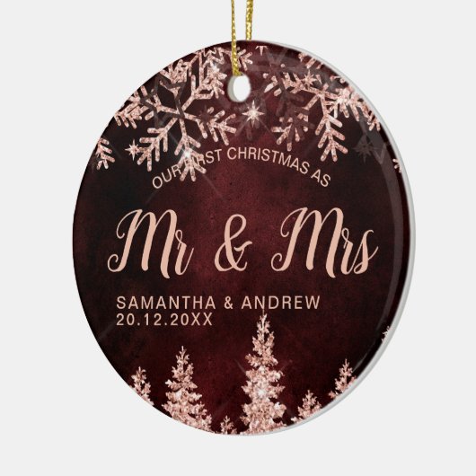 First Christmas Mr & Mrs rose gold glitter snow Keramisch Ornament (Links)