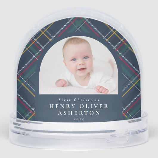 First Christmas navy holiday plaid two photo Sneeuwbol (Achterkant)