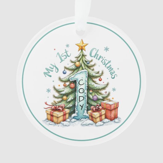 First Christmas Ornament – Snowy Tree & Gifts  (voorkant)