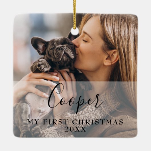 First Christmas Pet 2 Photo Script Name Keramisch Ornament (Achterkant)