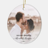 First Christmas Photo Mr Mrs  Script Newlyweds  Keramisch Ornament (Links)