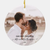First Christmas Photo Mr Mrs  Script Newlyweds  Keramisch Ornament (Achterkant)