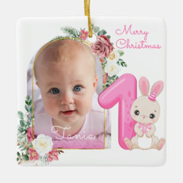 First Christmas Pink Baby Girl Photo floral Keramisch Ornament