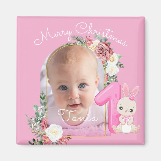 First Christmas Pink Baby Girl Photo floral Magneet (Voorkant)