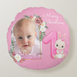 First Christmas Pink Baby Girl Photo floral Rond Kussen