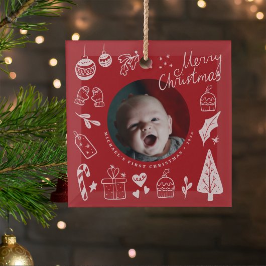 First Christmas Red Cute Hand Drawn Doodles Glas Ornament