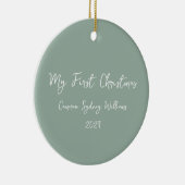 First Christmas Script Baby Photo Sage Green Keramisch Ornament (Rechts)