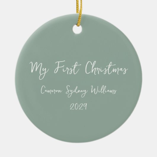 First Christmas Script Baby Photo Sage Green Keramisch Ornament (Voorkant)
