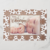 First Christmas Snowflake Frame Rose Gold  Folie Feestdagenkaart (Voorkant)