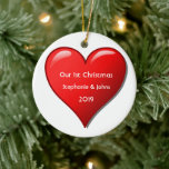 First Christmas Together Cute Red Heart 2019 Cool Keramisch Ornament<br><div class="desc">Personalized names and printed with cute red heart design in solid white background. The color of the background can also be change as you want. Feel free to customize by adding your own texts,  names or foto's. You can add your foto on the back side of the ornament easily!</div>