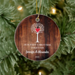 First Christmas together love tree wood photo Keramisch Ornament<br><div class="desc">Our first Christmas together ornament. Rustic dark wood background with white love tree illustration. 
Beautiful ornament to decorate you christmas tree.
You can personalize it and add your own photo at the back,  text,  names and year.</div>