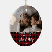 First Christmas together Photo red plaid Keramisch Ornament (Rechts)